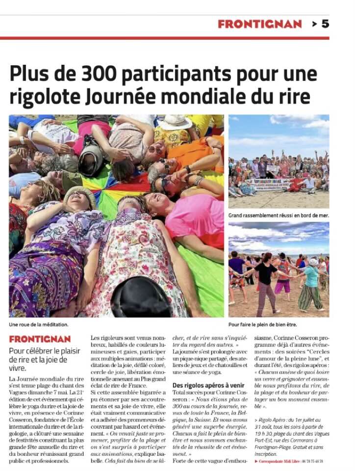 21e Journée Mondiale du Rire organisée par Corinne Cosseron sur la plage de Frontignan. Article du Midi Libre Mai 2023